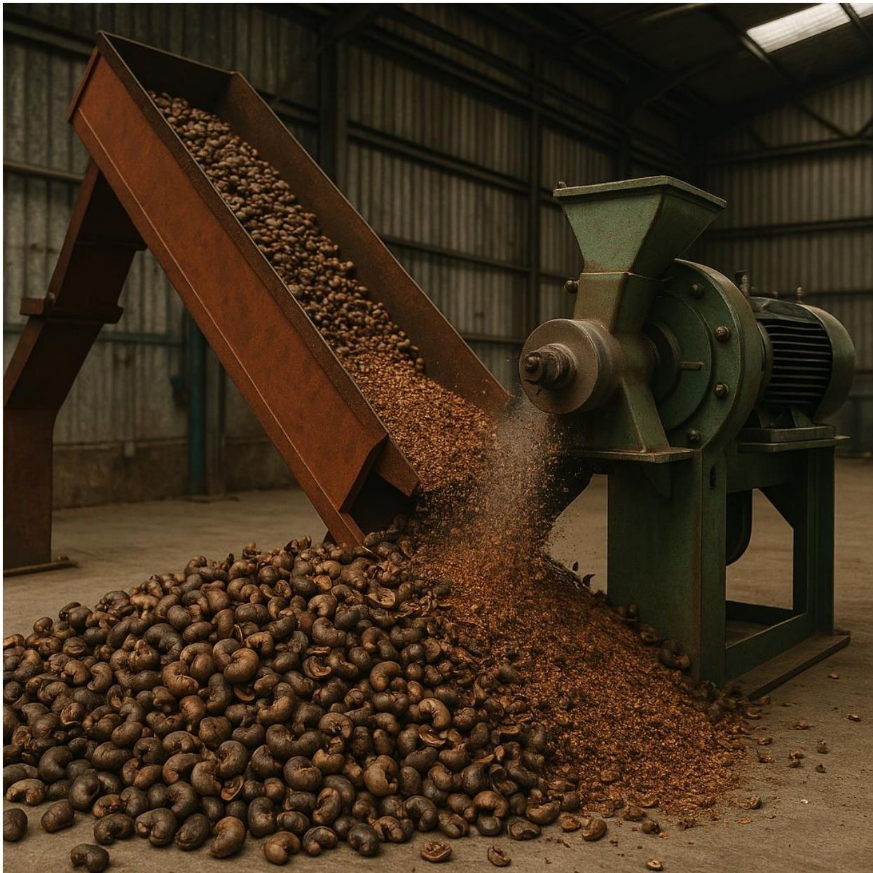 Cashew nut shells being processed — the source material for ViKANG™